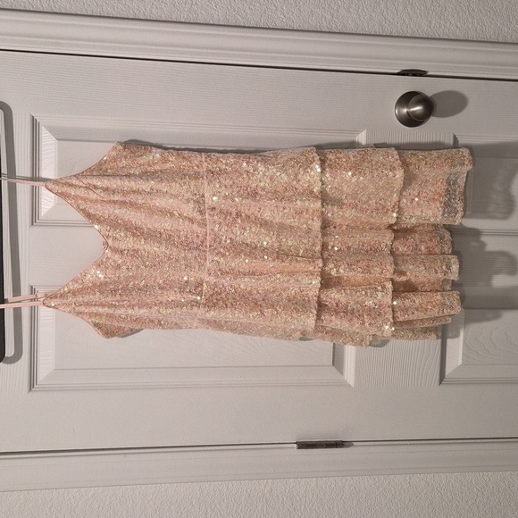 Lulus Sparkling Attitude Iridescent Pink Sequin Tiered Mini Dress - Size L - Picture 2 of 4
